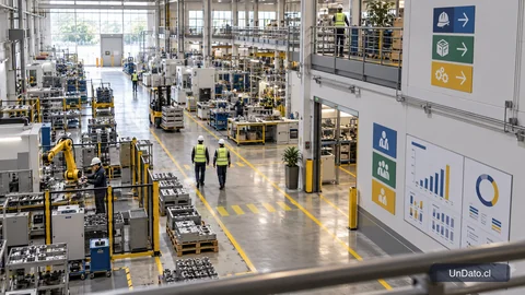 Vista de una planta industrial con estaciones de trabajo y un panel de indicadores de desempeño por área.