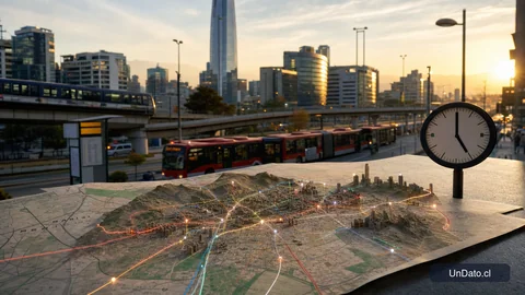 Mapa urbano de Santiago con rutas de transporte y conexiones entre comunas, ilustrando el costo del traslado al trabajo