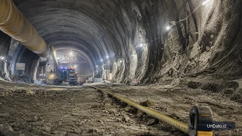 Frente de excavación de un túnel con estructura de hormigón, luminarias industriales, cinta topográfica y maquinaria pesada.