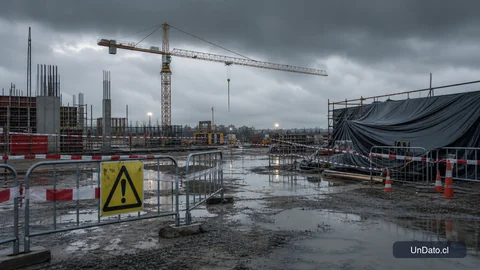 Faena de construcción detenida por lluvia, con grúa, vallas de seguridad, lonas y señalización preventiva.