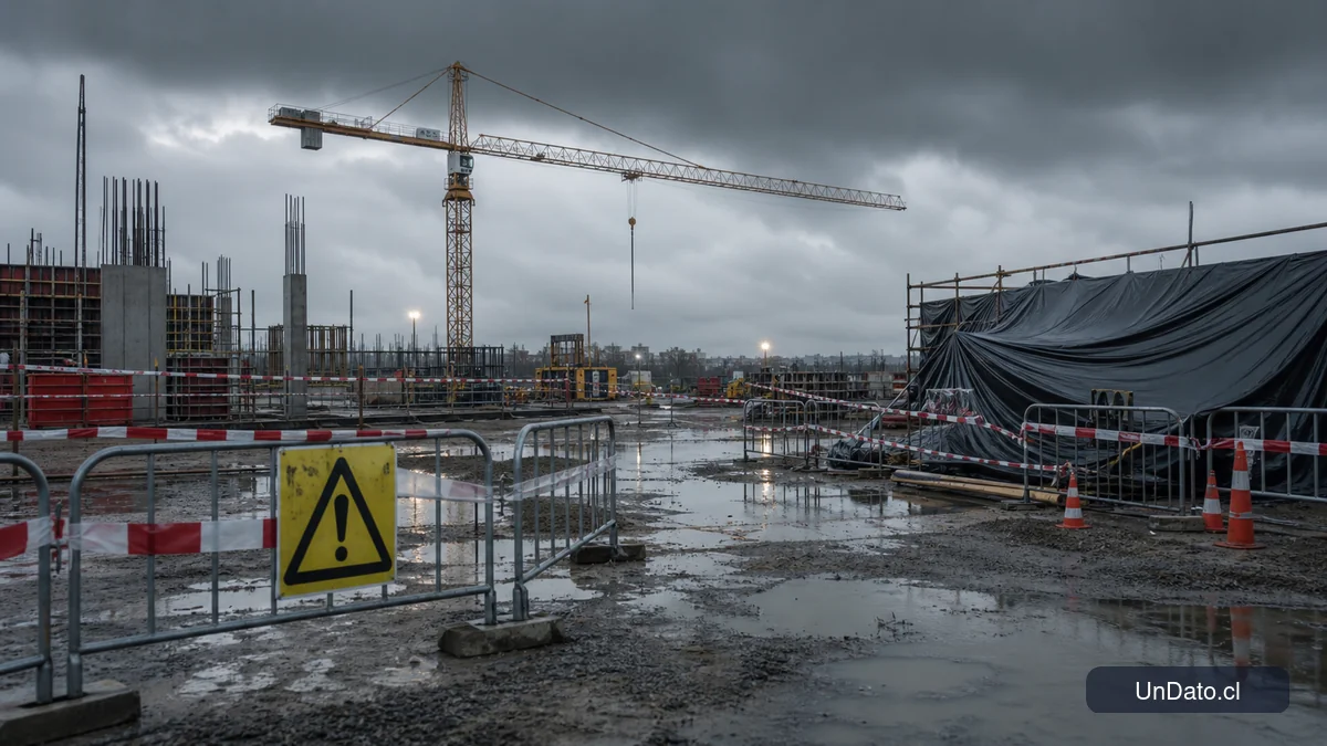 Faena de construcción detenida por lluvia, con grúa, vallas de seguridad, lonas y señalización preventiva.