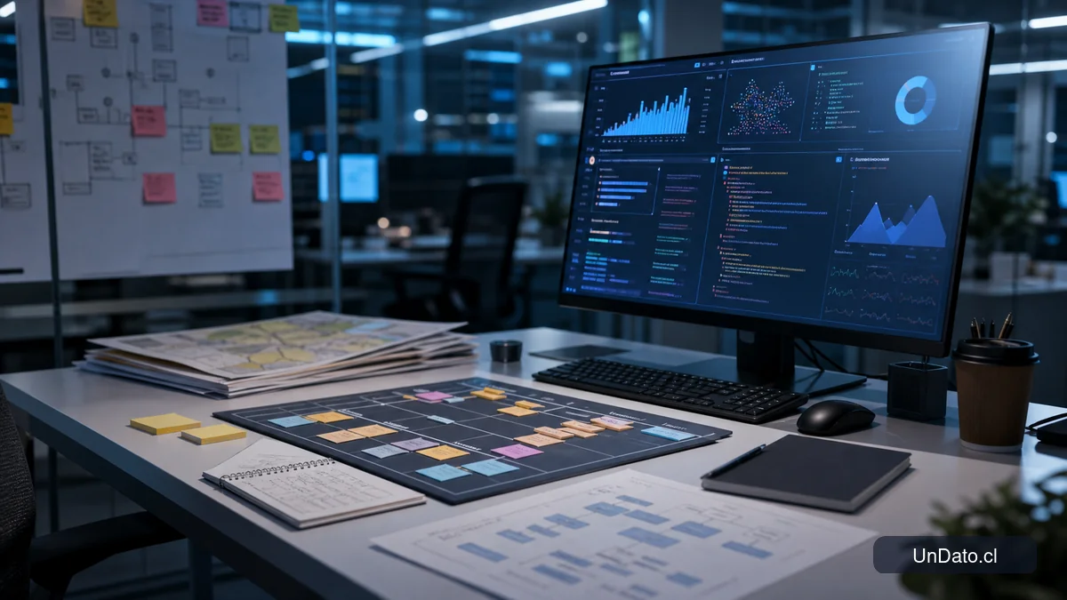 Pantalla con métricas de productividad, código y un tablero de flujo de tareas sobre una mesa técnica