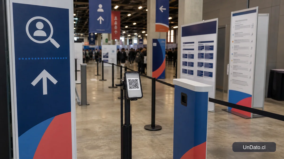 Acceso a una feria laboral con señalética, acreditación por código QR y paneles informativos de vacantes