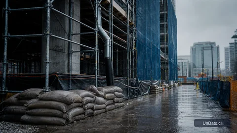 Obra urbana protegida con andamios, sacos de arena y canaletas preparadas para lluvia intensa.