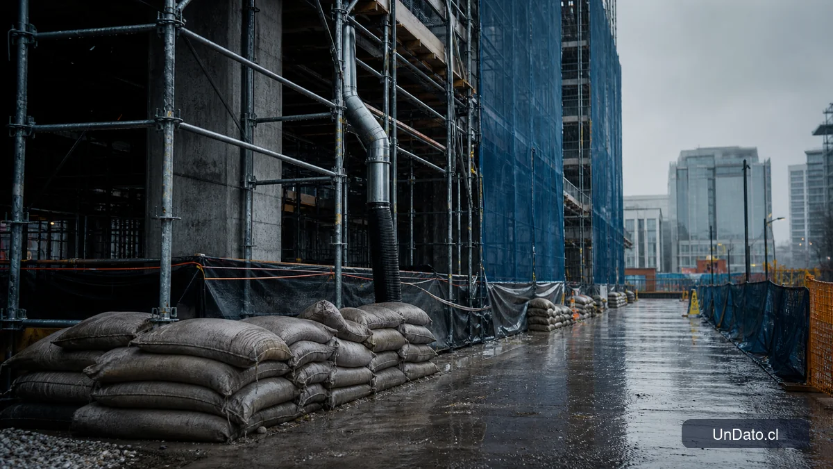 Obra urbana protegida con andamios, sacos de arena y canaletas preparadas para lluvia intensa.