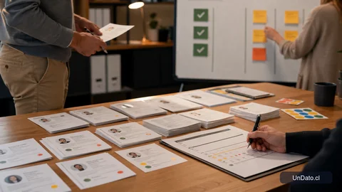 Mesa de evaluación con tarjetas de perfil, pauta de entrevista impresa, fichas de respuestas y un tablero con criterios de selección.