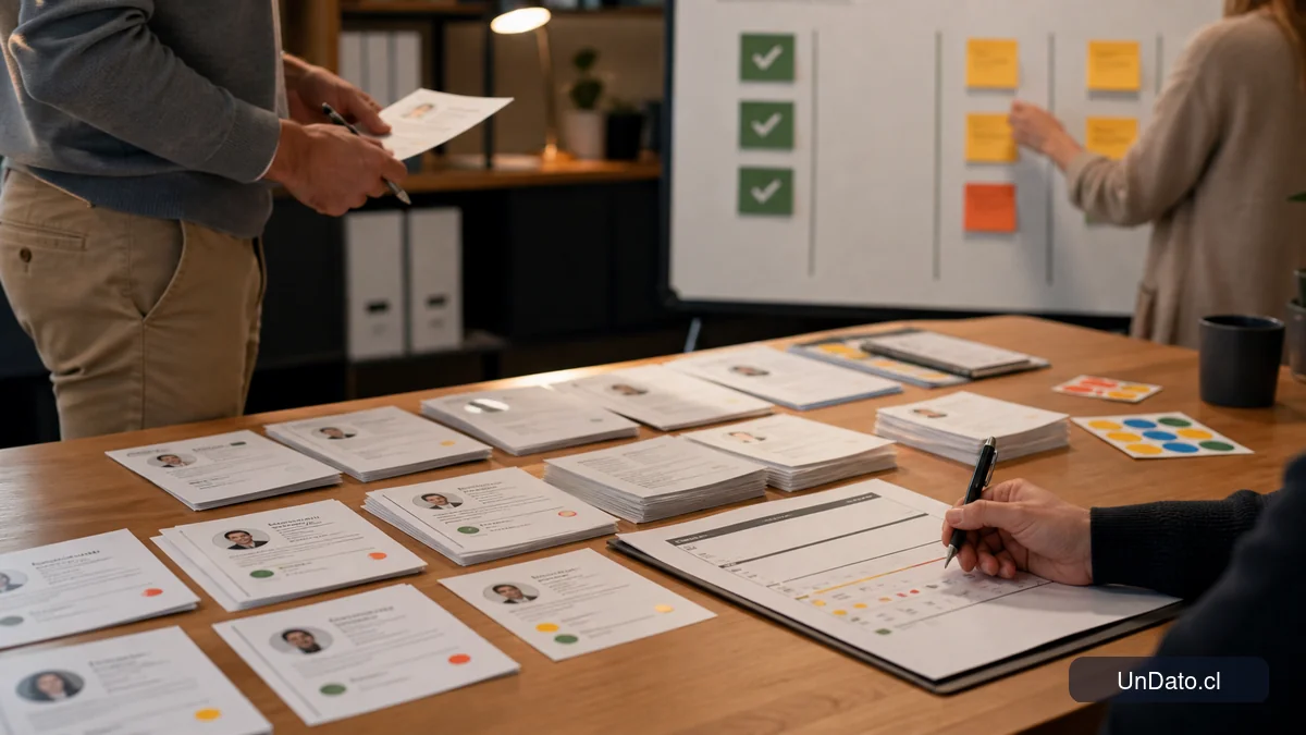 Mesa de evaluación con tarjetas de perfil, pauta de entrevista impresa, fichas de respuestas y un tablero con criterios de selección.