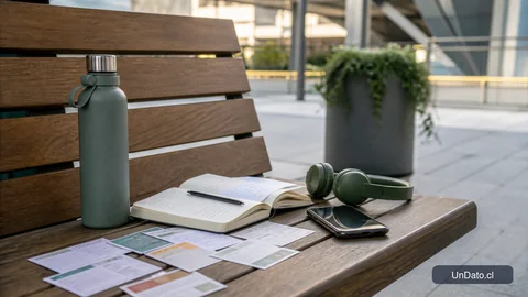 Banca urbana con una libreta de búsqueda, tarjetas de vacantes, una botella de agua, audífonos y un teléfono en modo silencio.