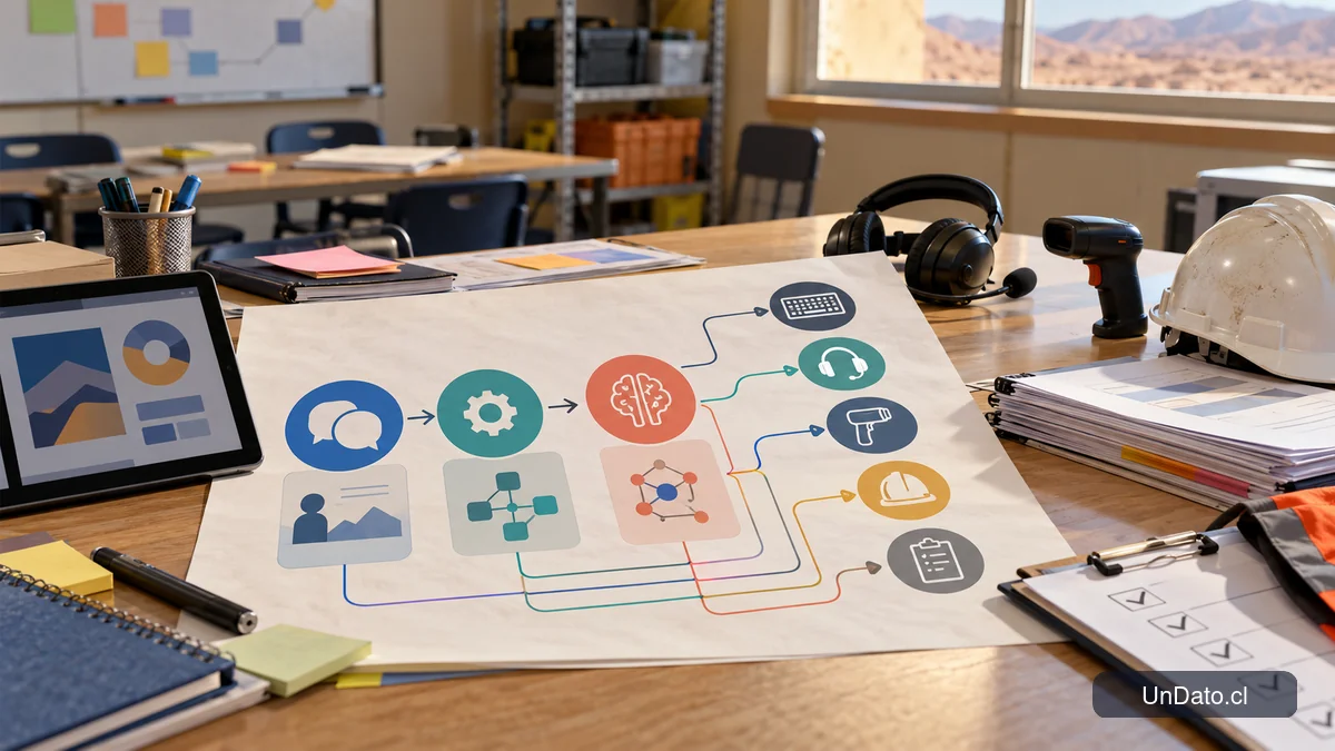 Gráfico de rutas de aprendizaje digital que conecta módulos de idiomas, inteligencia artificial y habilidades tecnológicas con tareas laborales.