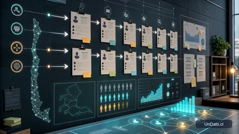 Panel de planificación con tarjetas de roles, flechas de flujo e indicadores digitales de dotación para visualizar cambios en contratación.