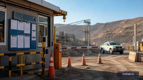 Acceso a una faena minera con señalética de seguridad, barreras de control y tablero de permisos de trabajo.