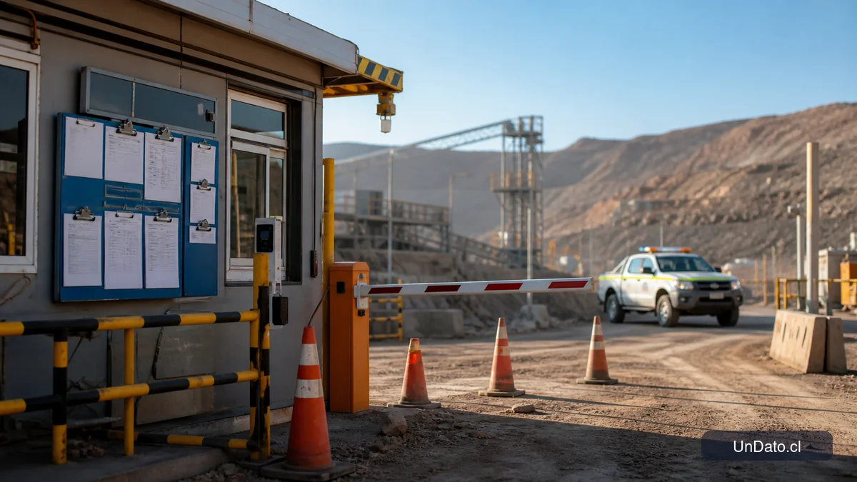 Acceso a una faena minera con señalética de seguridad, barreras de control y tablero de permisos de trabajo.