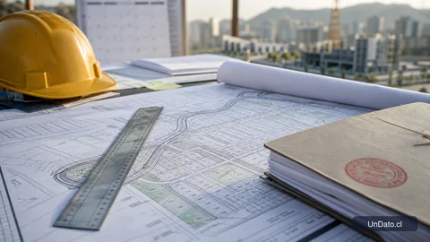 Plano de loteo con un casco de obra, una carpeta timbrada y una regla metálica en una mesa de revisión.