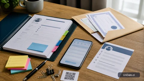 Carpeta con documentos de postulación, un celular con un formulario abierto y un código QR para acceder a una vacante en línea.