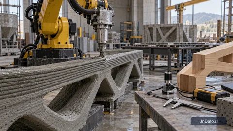 Brazo robótico industrial fabricando un componente de construcción junto a una pieza de madera mecanizada y sensores de medición