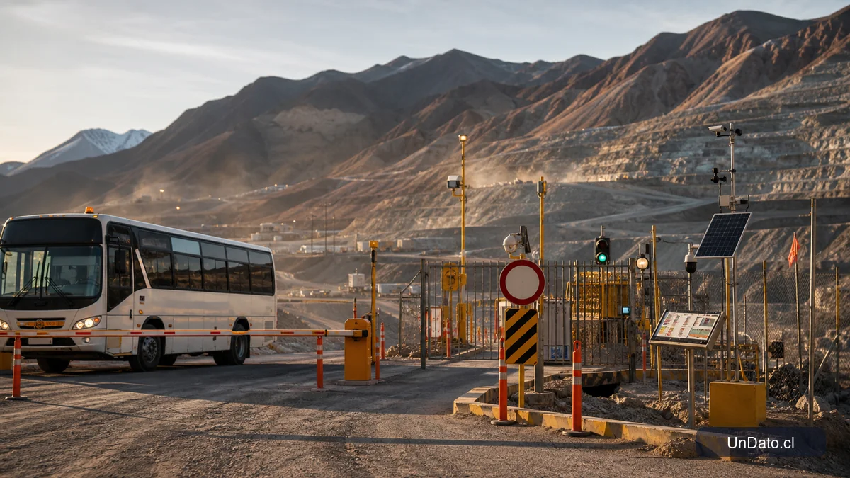 Acceso a una faena minera con barreras de control, un bus de personal, señalética de ingreso restringido y un panel de monitoreo geotécnico.