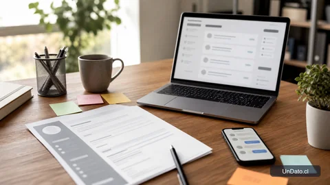 Escritorio con CV impreso, notebook abierto en un portal de empleo y un teléfono con un mensaje directo de contacto, en una escena de búsqueda laboral ordenada.