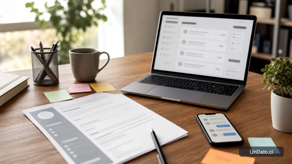 Escritorio con CV impreso, notebook abierto en un portal de empleo y un teléfono con un mensaje directo de contacto, en una escena de búsqueda laboral ordenada.