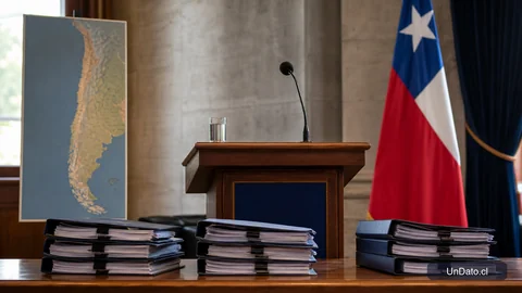 Escenario institucional con atril, micrófono, documentos, mapa de Chile y señalética de agenda pública.