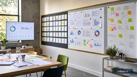 Mural de proyectos con tarjetas, gráficos de resultados y una pizarra de objetivos en una sala de reunión.