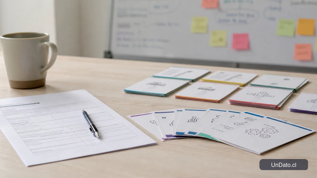 Tarjetas de competencias, un formulario de postulación impreso y palabras clave resaltadas en un tablero sobrio.