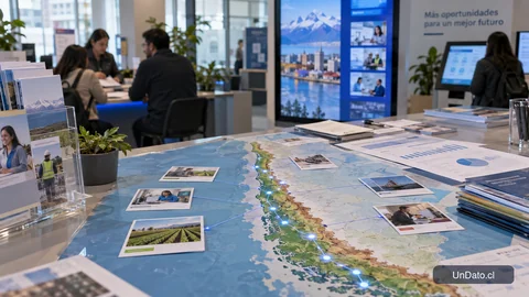 Mapa de Chile con conexiones regionales y tarjetas digitales que representan vacantes laborales de distintos rubros.