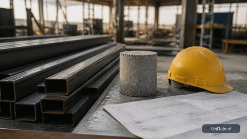 Banco de trabajo con perfiles de acero, una probeta de hormigón, un casco de seguridad y planos técnicos en una obra.