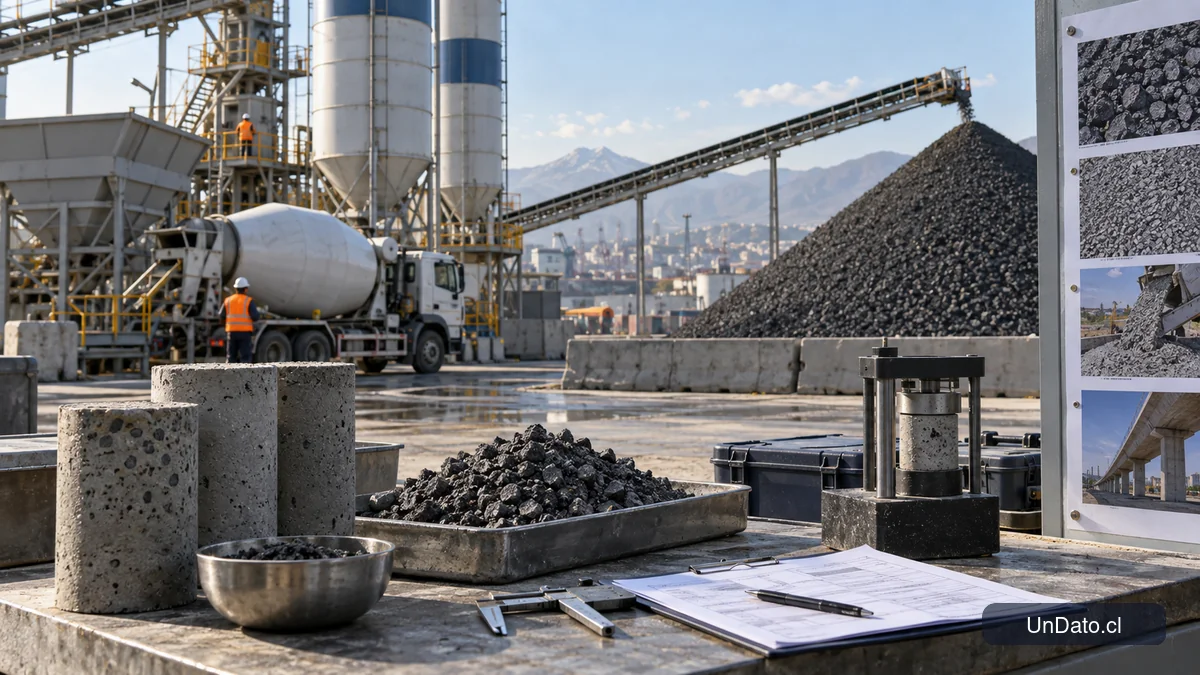 Planta de hormigón con escoria de acero valorizada, probetas de ensayo, instrumentos de laboratorio y fichas técnicas