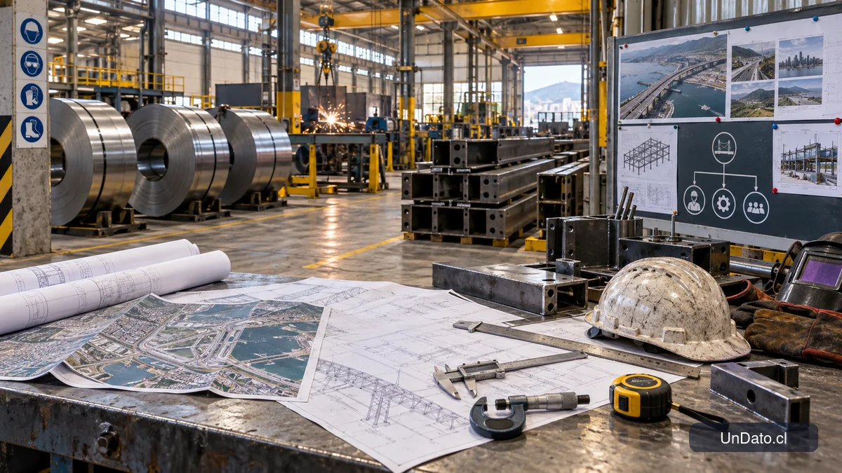 Planta metalmecánica con piezas de acero, herramientas de medición, planos técnicos y un panel sobre oportunidades de producción industrial