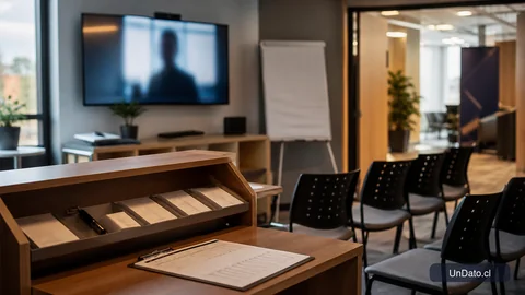 Sala de preparación para entrevista con pantalla de videollamada, señalética de registro y sillas ordenadas.