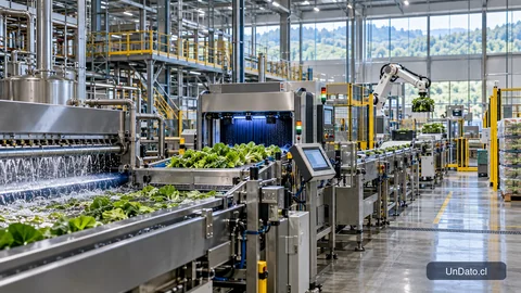 Planta agroindustrial modernizada con líneas de envasado, sensores y paneles de control