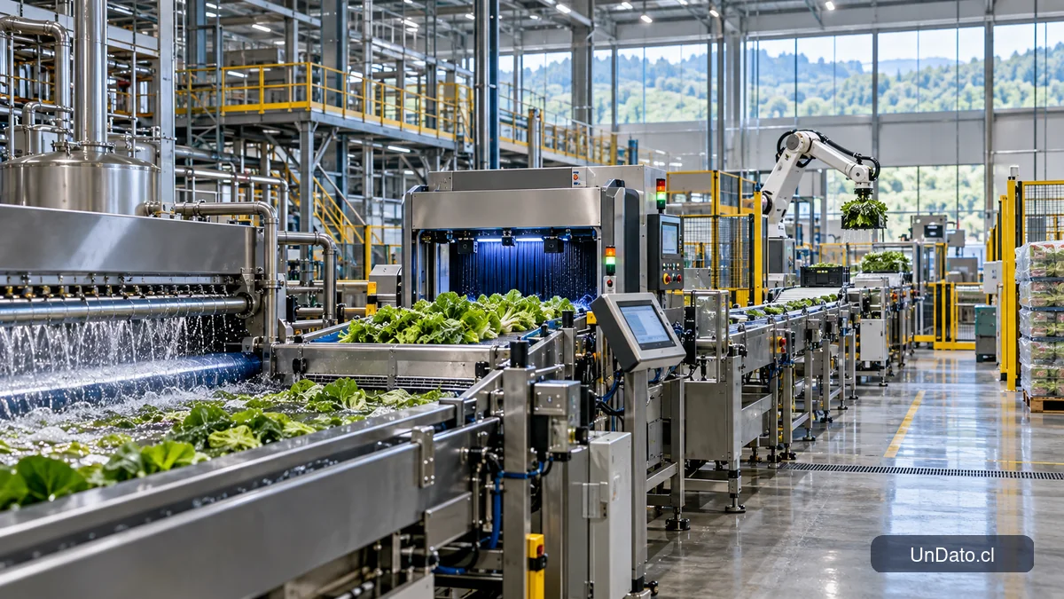 Planta agroindustrial modernizada con líneas de envasado, sensores y paneles de control