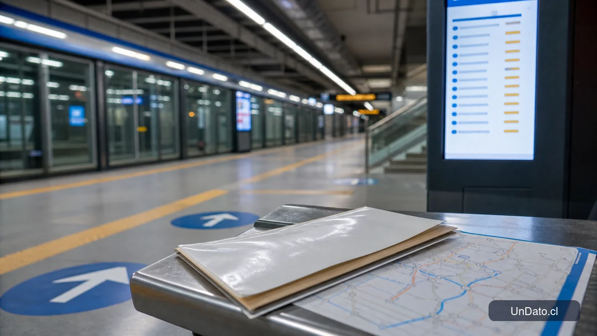 Un panel de vacantes y un mapa de rutas en una estación urbana, con una carpeta de postulación al lado.