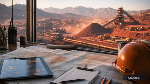 Mesa de planificación minera con casco, planos, checklist y tablet, representando estrategia de cobre y trabajo en faena.