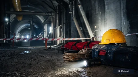 Túnel de hormigón apuntalado con equipo de rescate, casco, linterna y cinta de seguridad en una escena industrial.