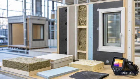 Maqueta de un muro con capas de aislación, muestras de materiales de construcción, una ventana de prueba y un medidor digital de temperatura.