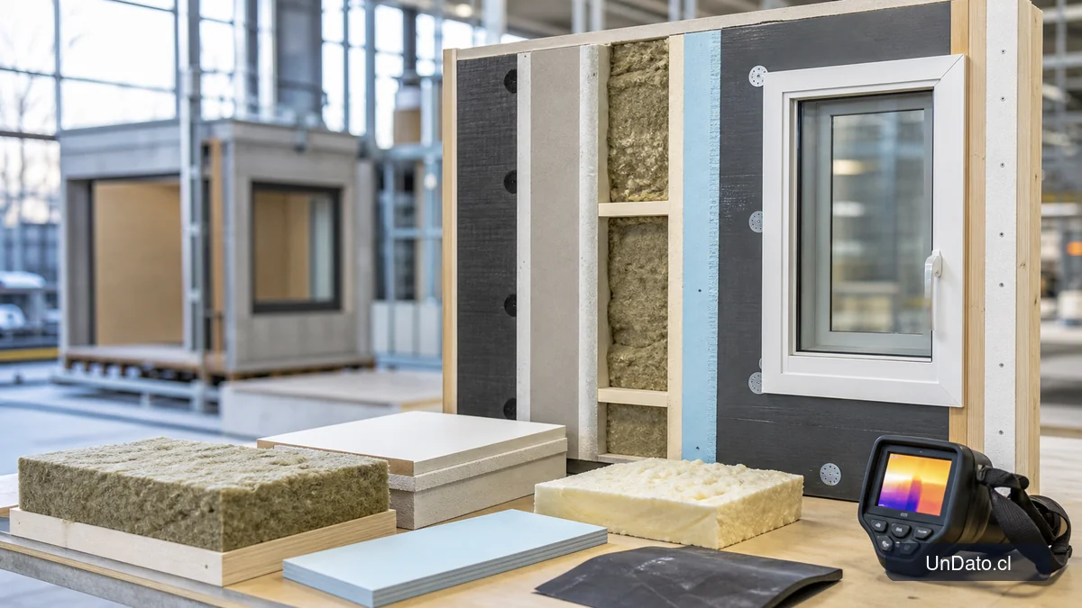 Maqueta de un muro con capas de aislación, muestras de materiales de construcción, una ventana de prueba y un medidor digital de temperatura.