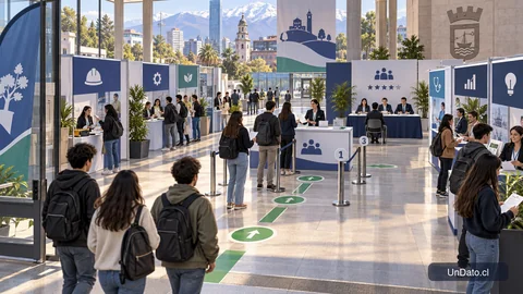 Plano ilustrado de una feria laboral con módulos de empresas y señalética que orienta hacia un punto de inscripción.