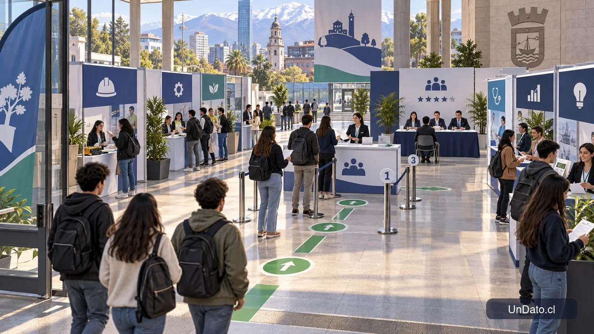 Plano ilustrado de una feria laboral con módulos de empresas y señalética que orienta hacia un punto de inscripción.