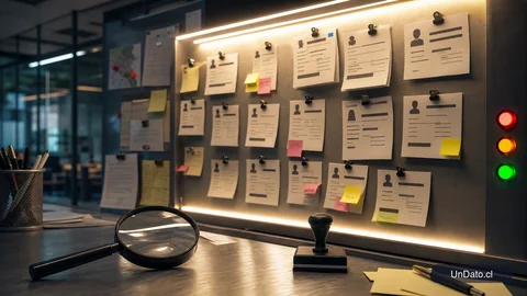 Tablero de vacantes con tarjetas desactualizadas, una lupa y un sello de revisión sobre una mesa metálica.