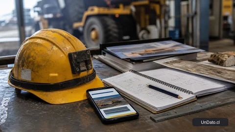 Casco minero junto a un teléfono con un formulario de inscripción abierto, un cuaderno y materiales de estudio sobre una mesa de taller.