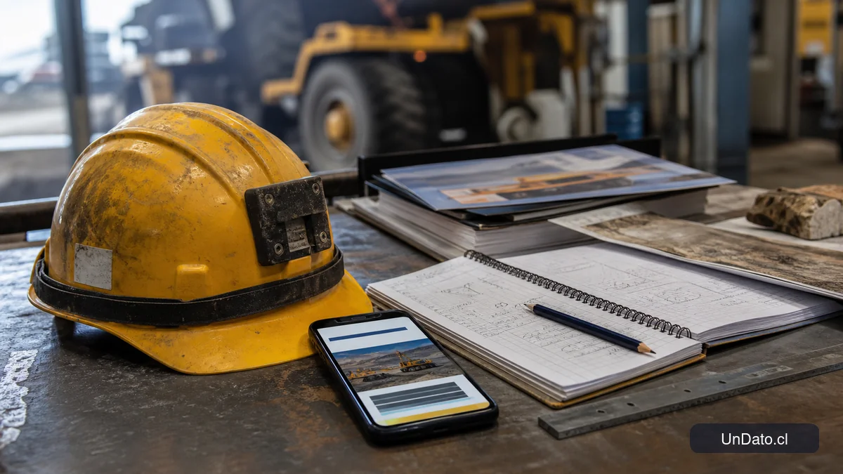 Casco minero junto a un teléfono con un formulario de inscripción abierto, un cuaderno y materiales de estudio sobre una mesa de taller.