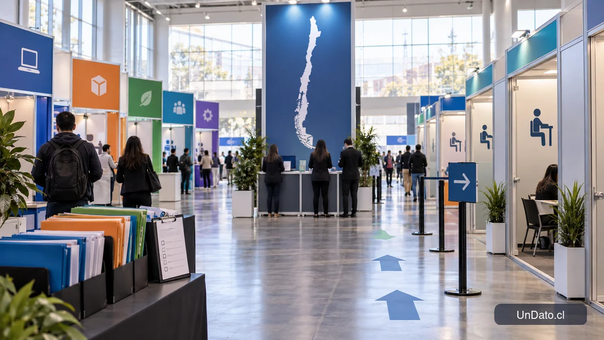 Pabellón de feria laboral con módulos por sector y señalética hacia espacios de entrevista.