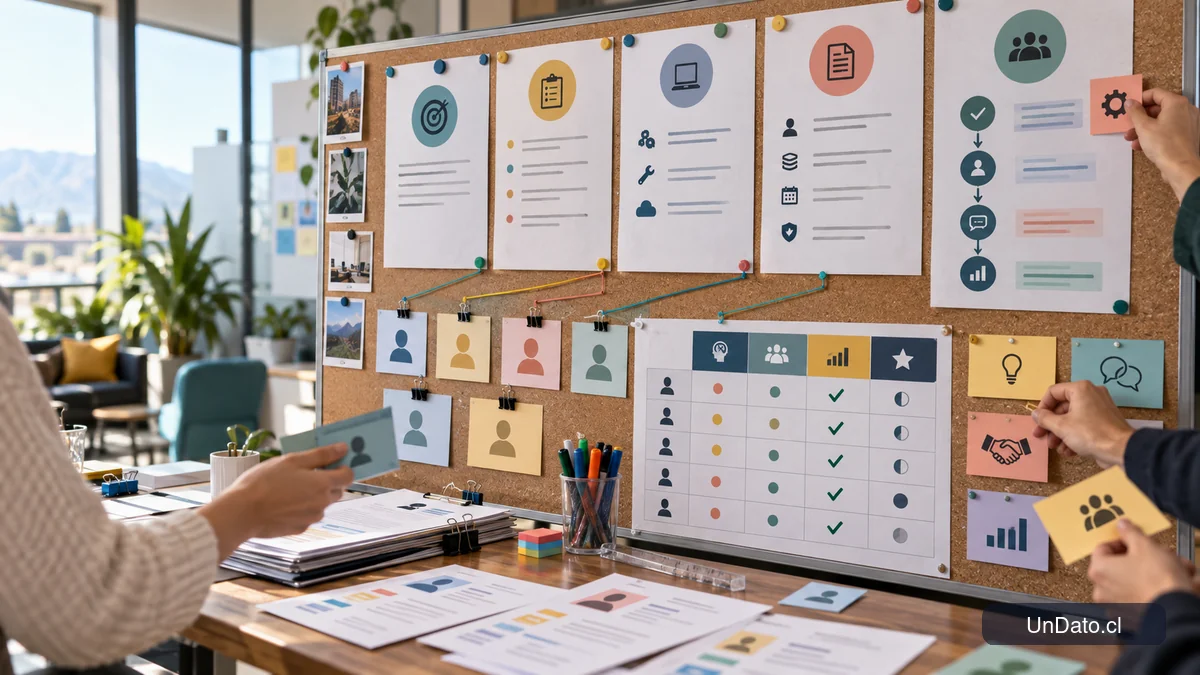 Panel visual que organiza el propósito, requisitos, condiciones y etapas de una publicación de empleo