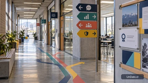Pasillo de un centro de formación con rutas señalizadas para inglés, datos, liderazgo y ciberseguridad