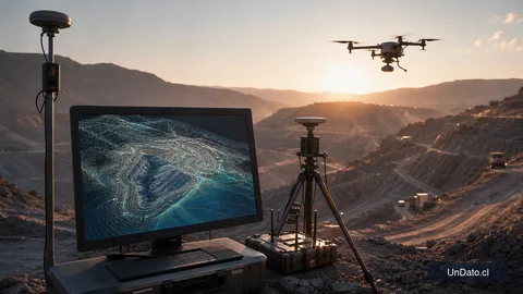 Un dron sobre una ladera minera junto a una pantalla con un mapa topográfico tridimensional y marcadores de terreno.