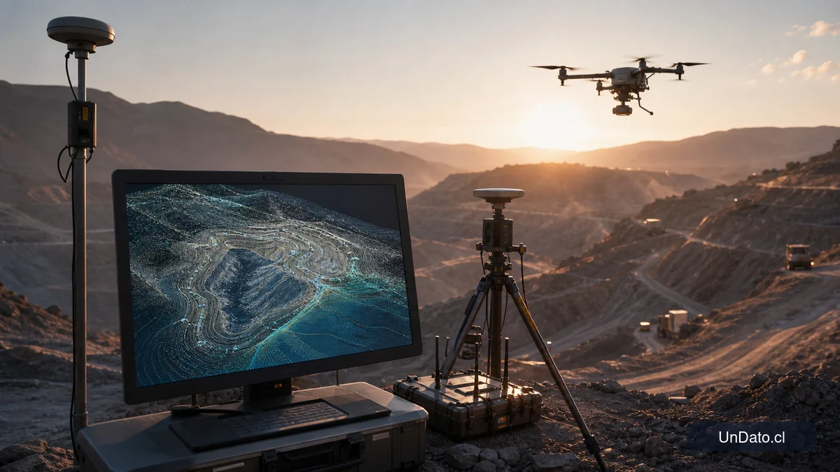 Un dron sobre una ladera minera junto a una pantalla con un mapa topográfico tridimensional y marcadores de terreno.