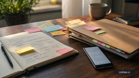 Cuaderno con borradores de experiencia, tarjetas adhesivas, carpeta con etiquetas de cargos y un celular con texto en edición.
