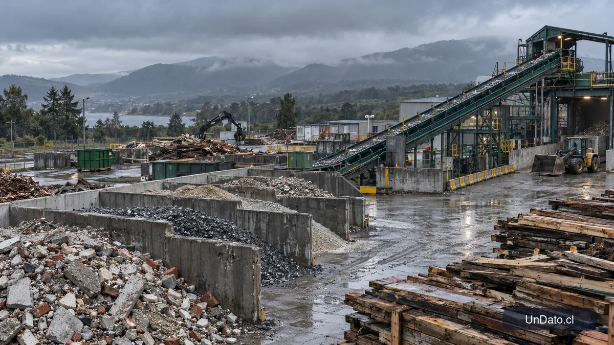 Materiales de construcción separados y áridos recuperados en una planta de valorización del sur de Chile