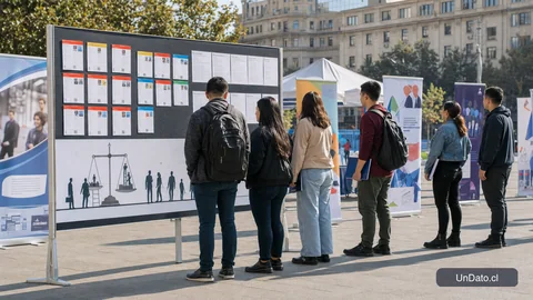 Feria laboral al aire libre con paneles de vacantes, afiches de capacitación y personas haciendo fila para postular.